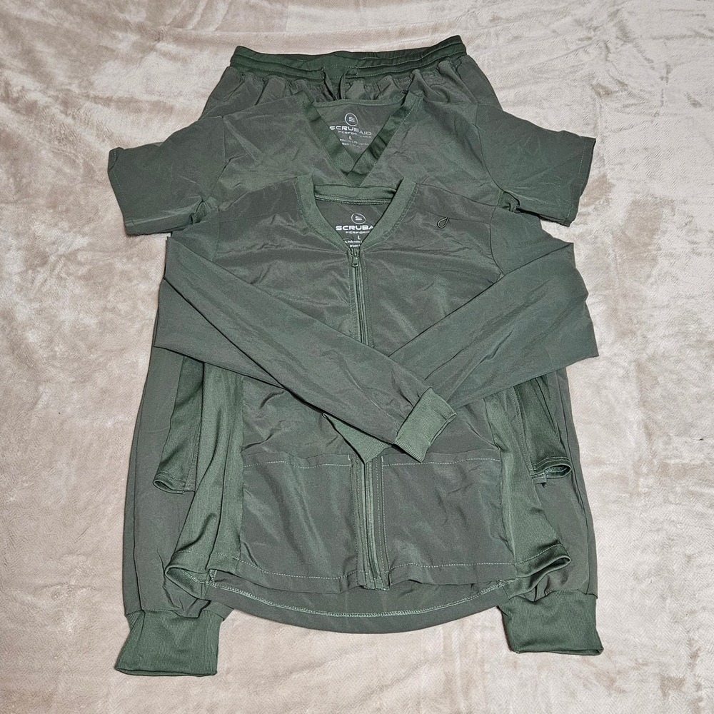Womens Olive Green 3 Piece Scrub Set Jacket Top Joggers L